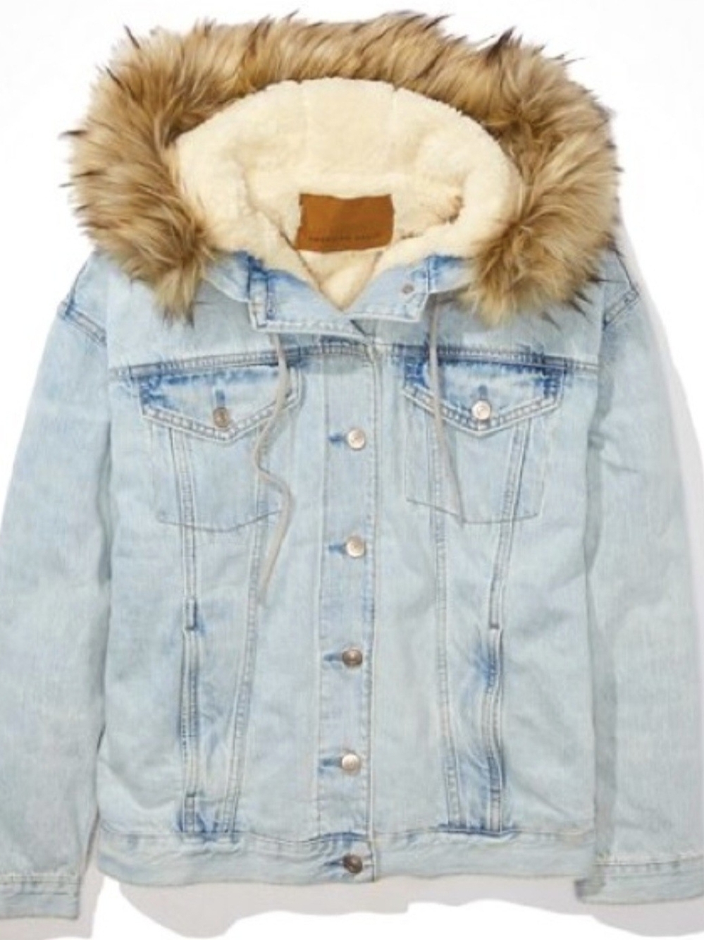 AE Faux Fur Lined Light Wash Denim Jacket with Hood NWOT SIZE M